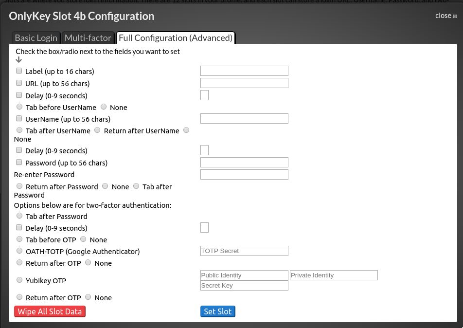 OnlyKey app slot configuration screen